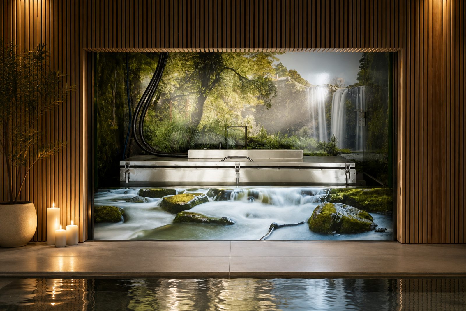 Water Cremation With {{ brand.name }} Water cremation equipment with a nature scene displayed in the background.